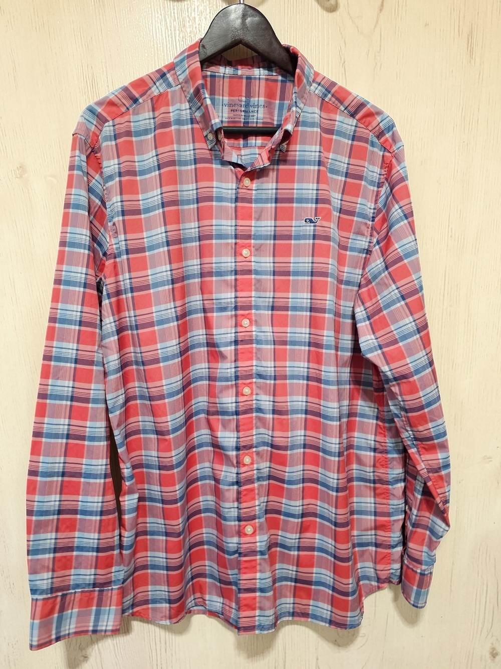 Vineyard Vines Performance Button Down Shirt Mens L Red Blue Plaid Classic Fit
